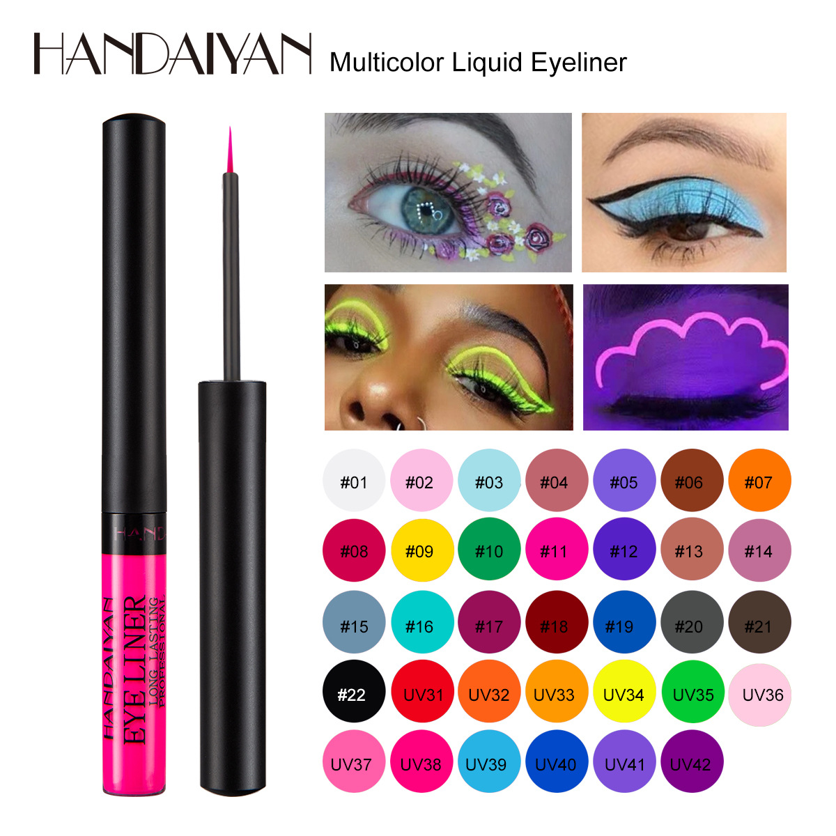 Cross-border 34-color eyeliner pen handaiyan matte quick-drying, long-lasting and non-smudging UV fluorescent colored eyeliner liquid pen full figure