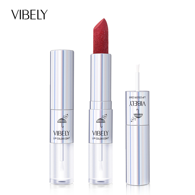 VIBELY Dual-head Lipstick Raincoat Non-stick Cup Long-lasting matte Bright Red 999 Lipstick Two-in-one Lip Gloss Item Picture