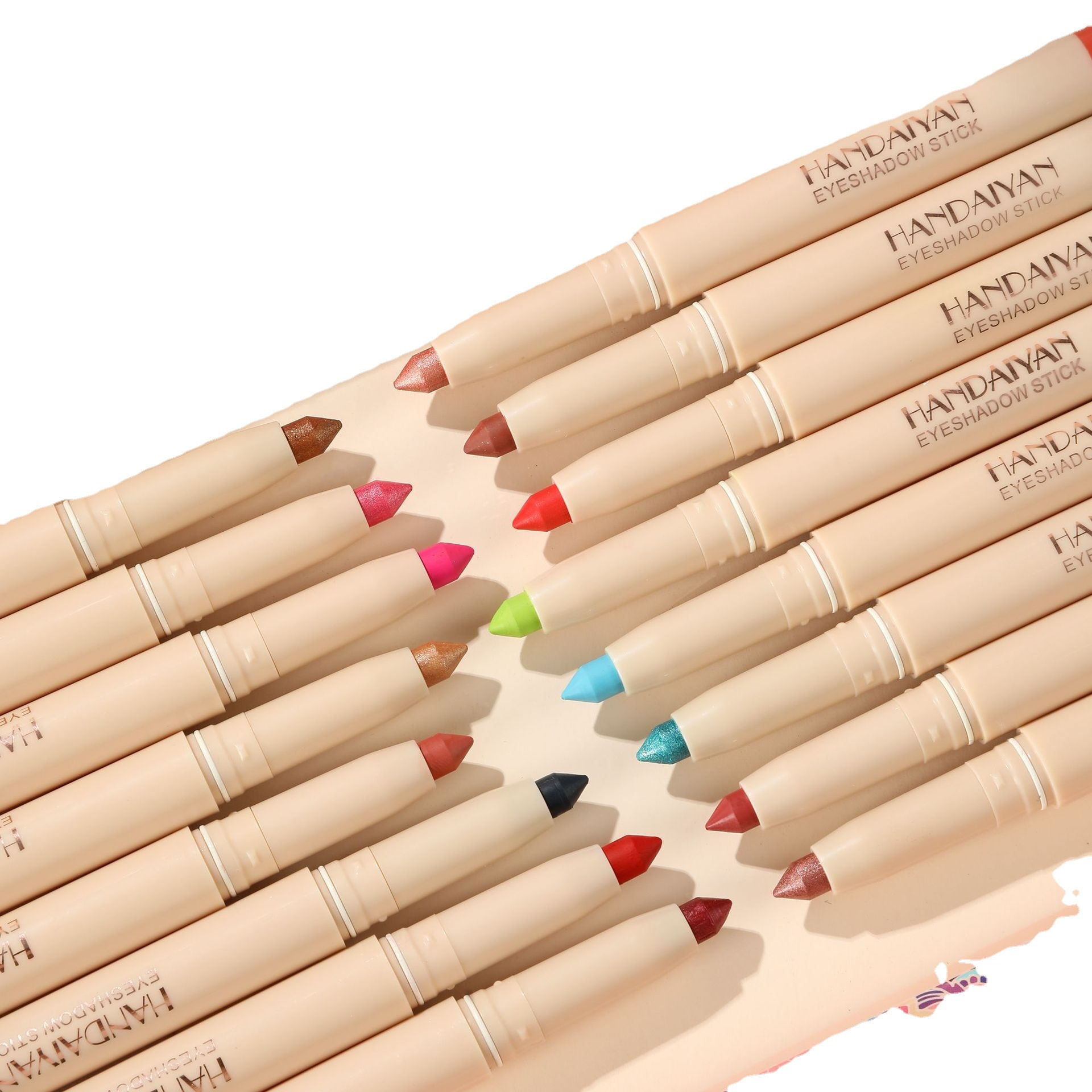 12-piece Rainbow Earth Tone HANDAIYAN eyeshadow pen set with a pencil sharpener and colored eyeshadow sticks Item Picture