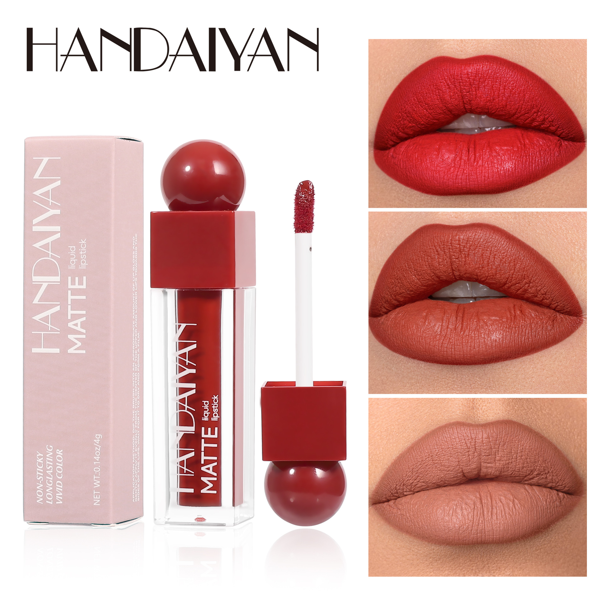 Cross-border 6-color matte lip gloss square tube lipstick, waterproof, non-stick to cups and non-fading handaiyan Matte lip gloss lip gloss full figure