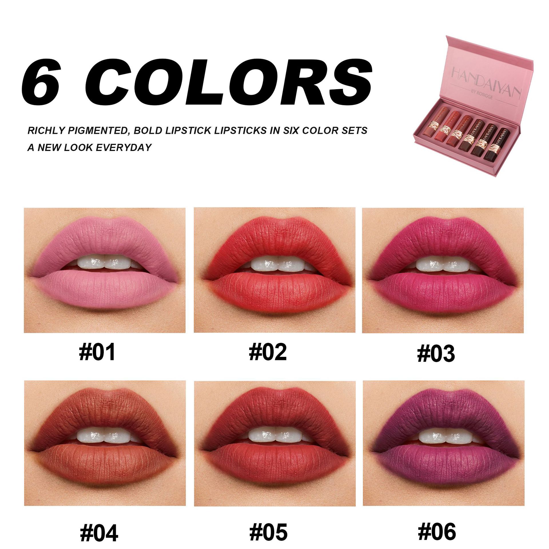 Cross-border six-piece matte lipstick set HANDAIYAN European and American long-lasting waterproof and easy-to-color lipstick and lip balm set box Specification drawing