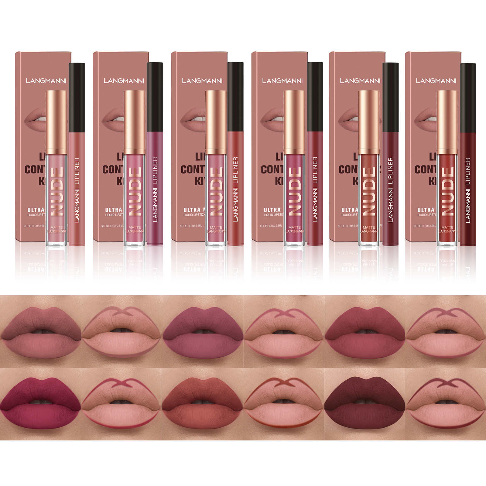 Langmanni Lip Gloss lip Liner Combination 2 sets non-stick cup matte lip gloss set cross-border makeup full figure