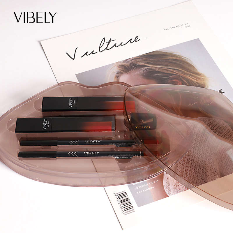 VIBELY Matte nude lip liner pen Lip gloss Set, non-stick cup, non-fading liquid lip gloss, cross-border Application Scenario