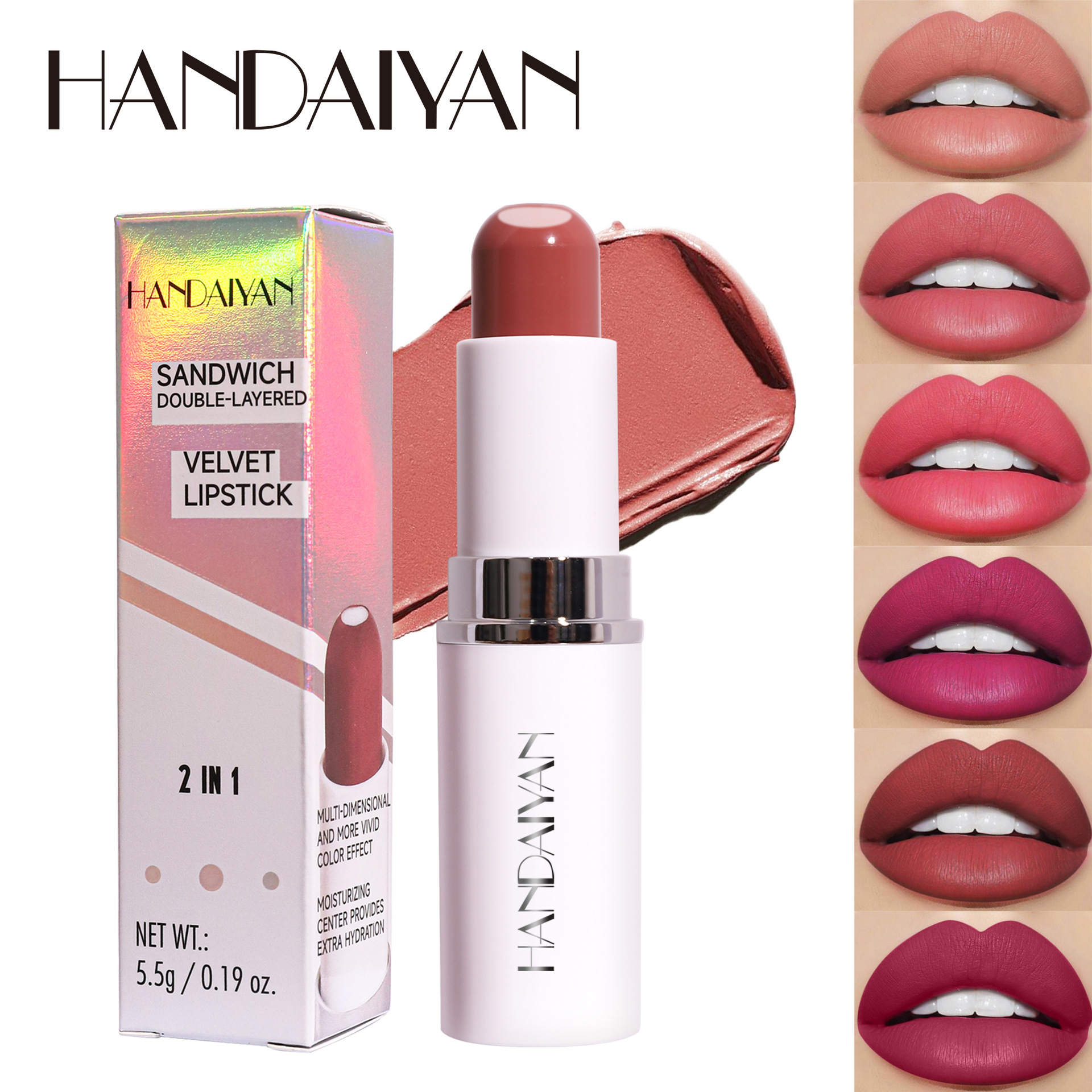 handaiyan's new cross-border two-in-one lipstick, matte, moisturizing and hydrating 8-color sandwich lipstick full figure