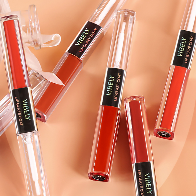 VIBELY Double-head Lip Gloss Raincoat, non-stick cup, Water Gloss mirror Lip Gloss Raincoat, Lipstick Setting Wonder, Setting liquid full figure