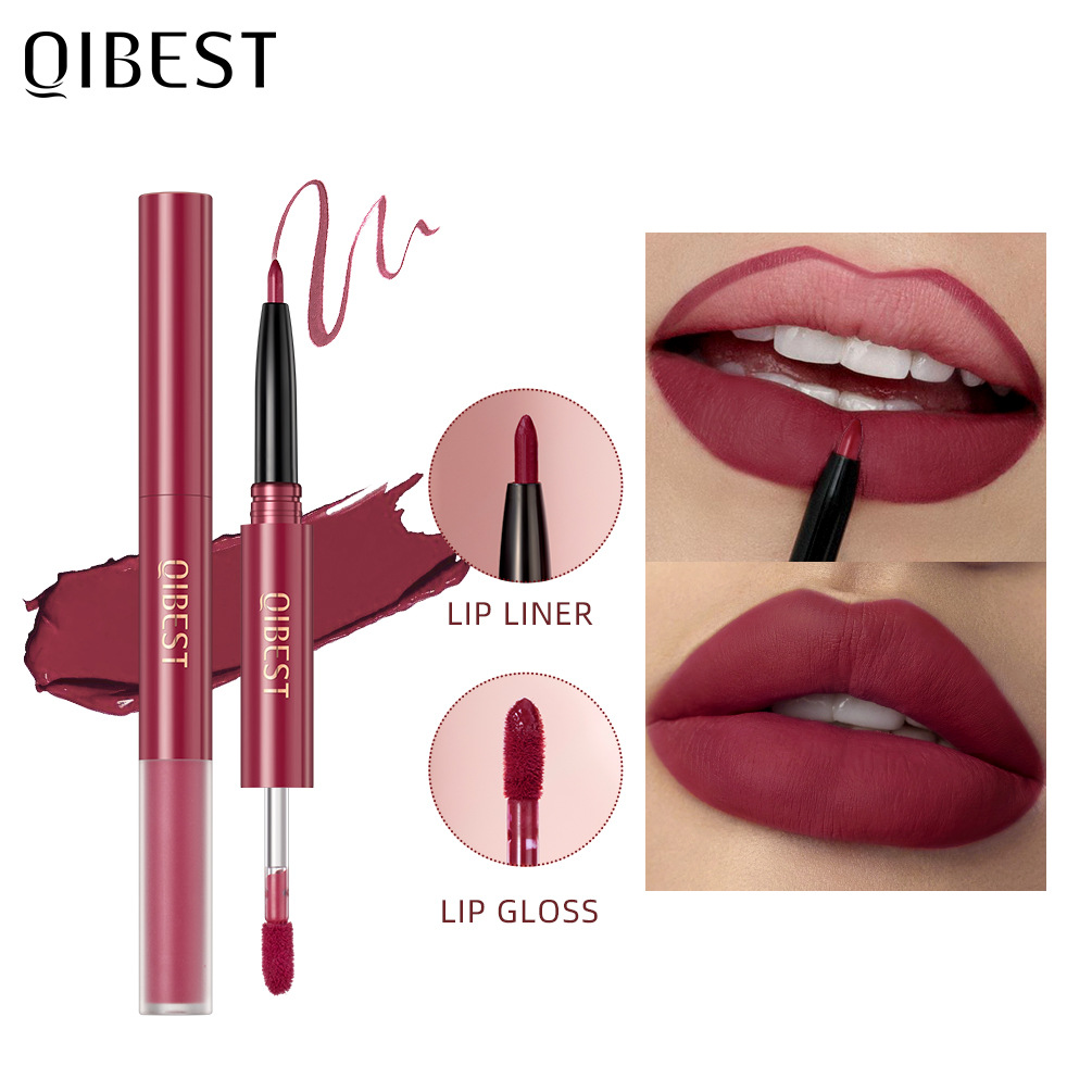 QIBEST Cross-border two-in-one Lip gloss and lip liner pen Waterproof matte velvet non-smudging double-headed lip gloss manufacturer wholesale full figure