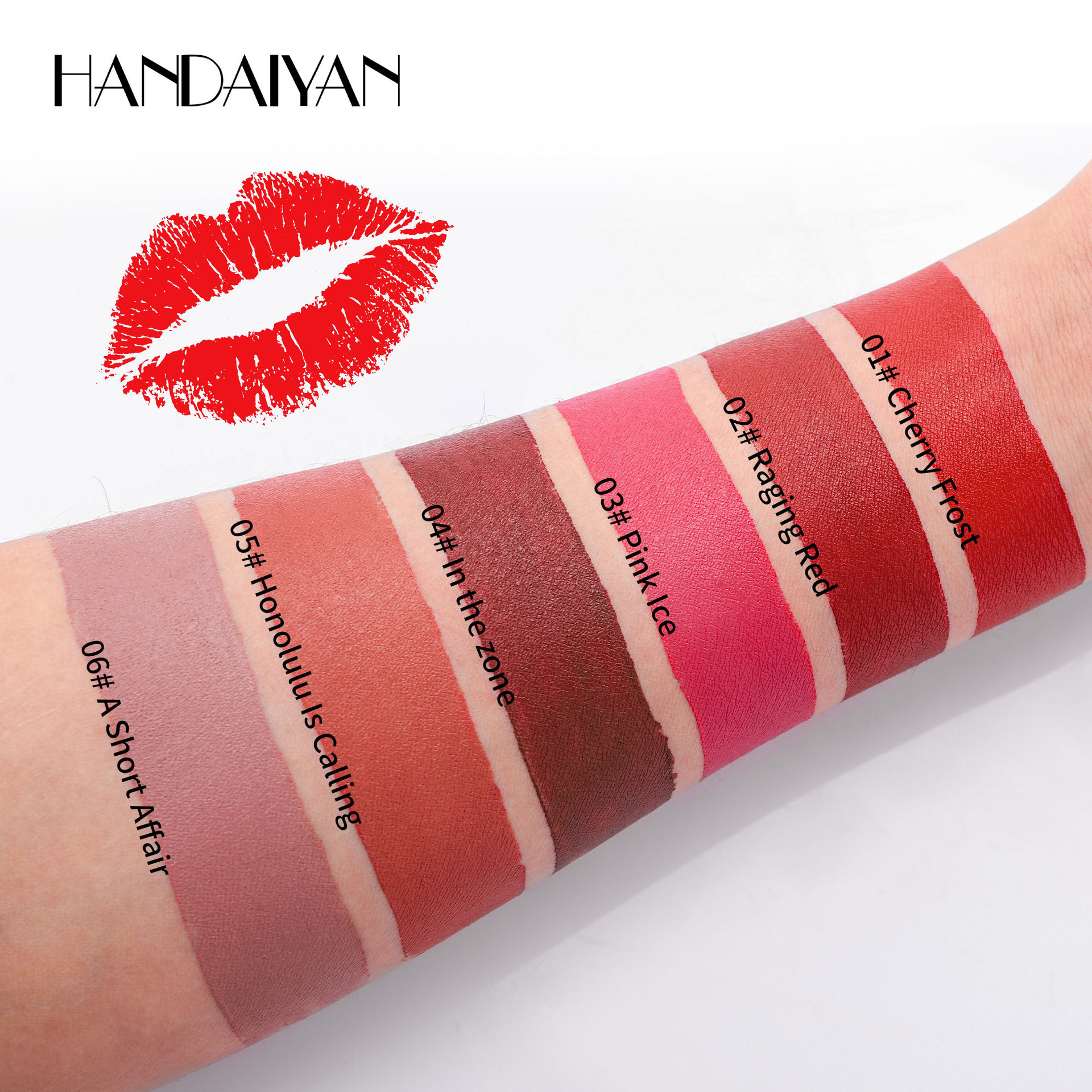 Cross-border matte lipstick non-stick cup HANDAIYAN lip-shaped lipstick, easy to apply, long-lasting waterproof, 6-color lipstick Specification drawing