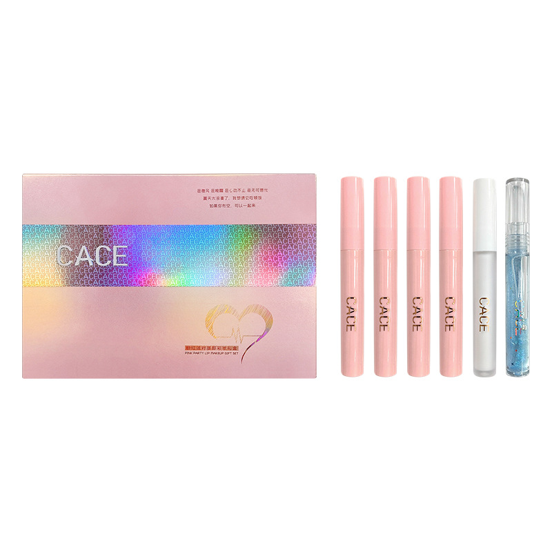 CACE Pink Party Lip Makeup Set 6 Pieces: Transparent Lip Gloss, matte Lip Paste, Moisturizing Lip Lotion, and comes with a necklace Item Picture