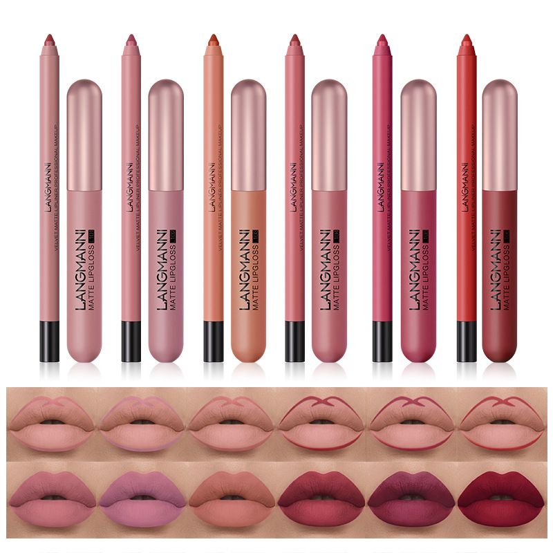 Langmanni 6+6 Matte Lip Gloss and Lip Liner Pen Set of 12 pieces Matte Lip Gloss Gift Box Set details Picture