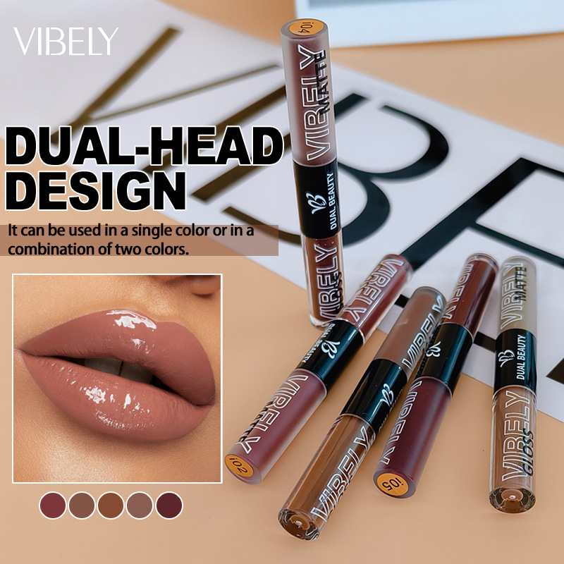 VIBELY, a double-headed water gloss mirror lip gloss, matte non-stick cup, matte lip gloss, whitening, film-forming and lip setting details Picture
