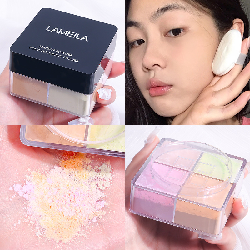 Four-grid loose powder is waterproof, sweat-proof, long-lasting oil-control and does not smudge. The matte powder compact provides concealer and brightens. Four-color setting powder Specification drawing