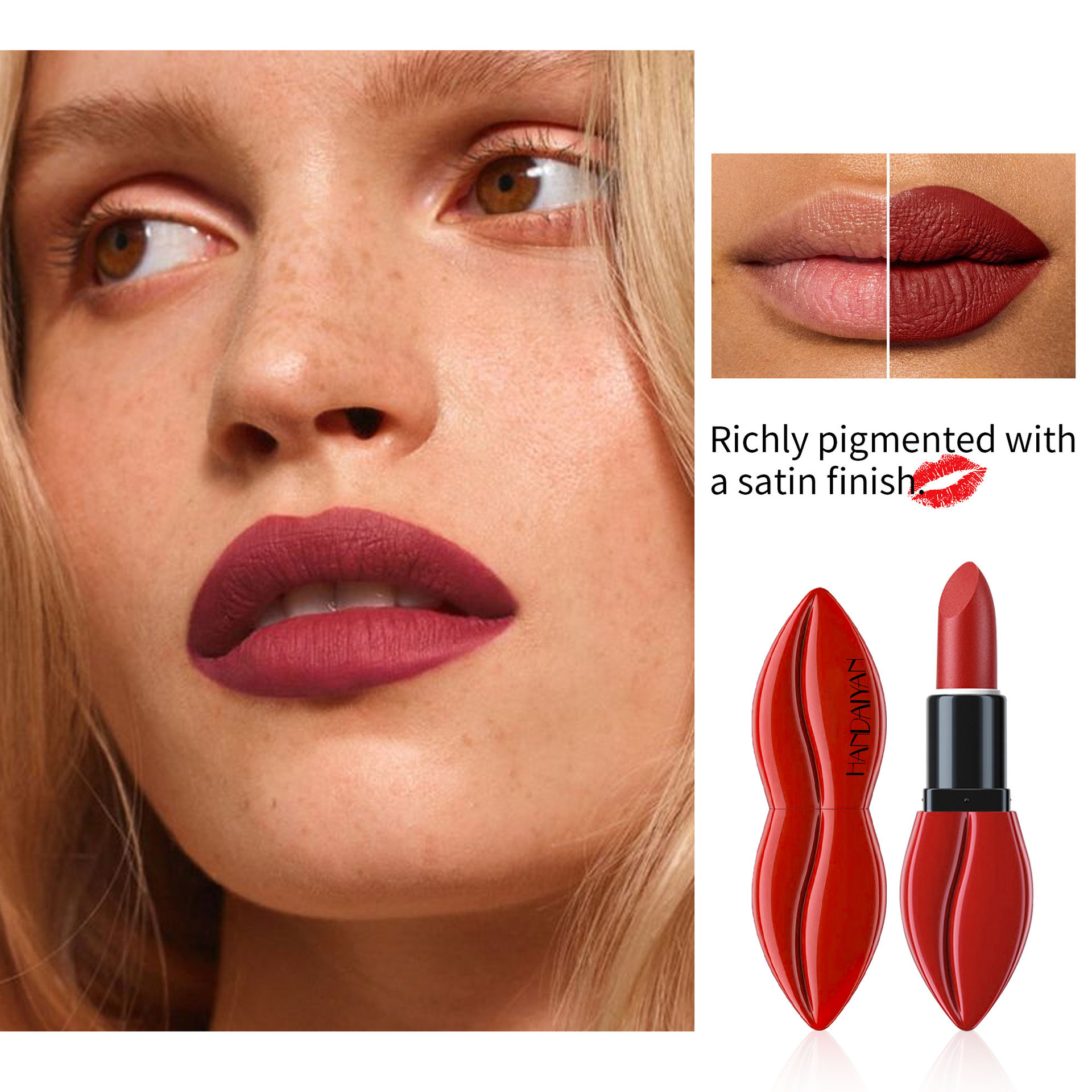 Cross-border matte lipstick non-stick cup HANDAIYAN lip-shaped lipstick, easy to apply, long-lasting waterproof, 6-color lipstick details Picture