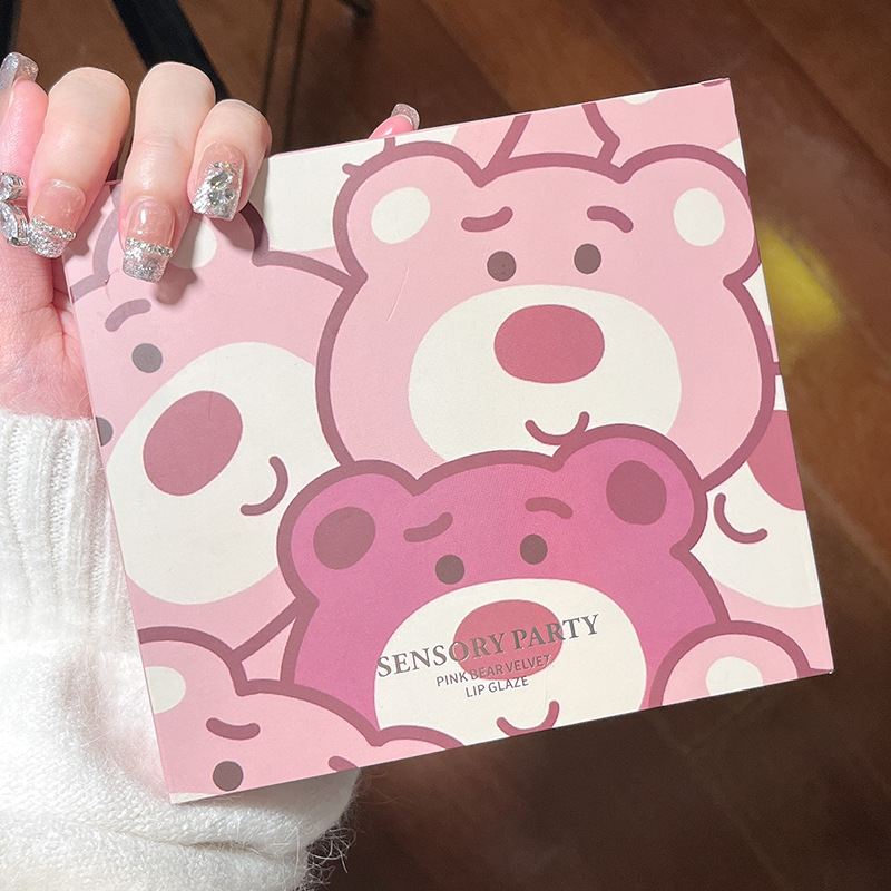 Sensory Party Pink Bear Velvet Lip Gloss Set with 6 colors to choose from. Matte Whitening Lip Gloss, live-streaming version, one-piece consignment full figure