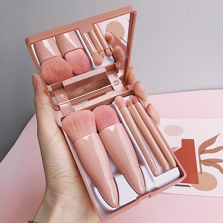 Portable 5-piece makeup brush set with mirror, mini multi-functional powder brush, foundation brush, eyeshadow brush, and smudging brush muf full figure