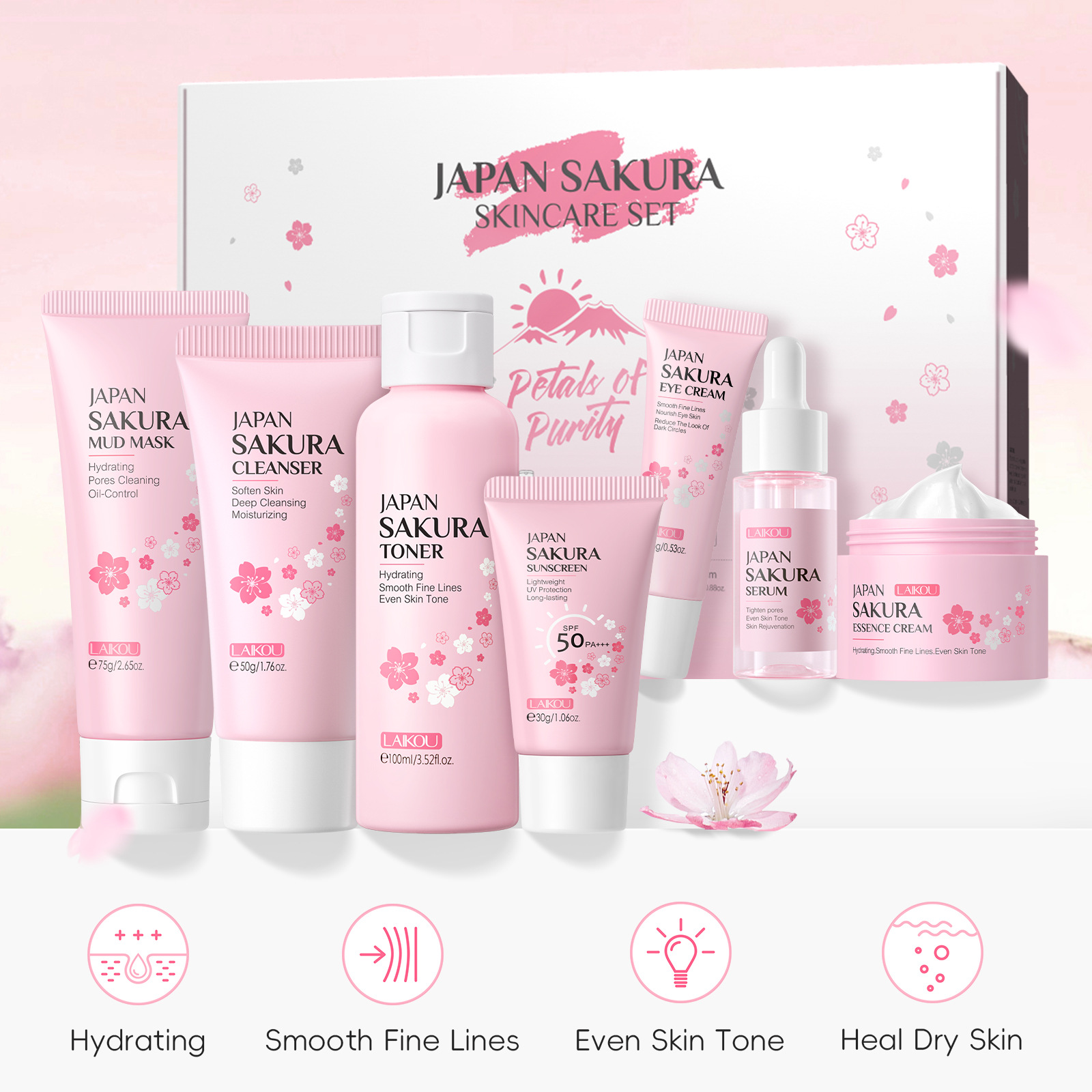 Cross-border Facial Cleanser Laicome Japanese Sakura Skincare 7-piece Set, mud Mask surface care set box manufacturer wholesale details Picture
