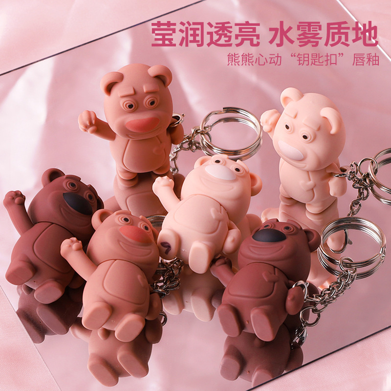 PCU Cute bear keychain matte lip gloss waterproof non-stick cup Teenage Girl Waving Bear Mouth red Lip mud Specification drawing