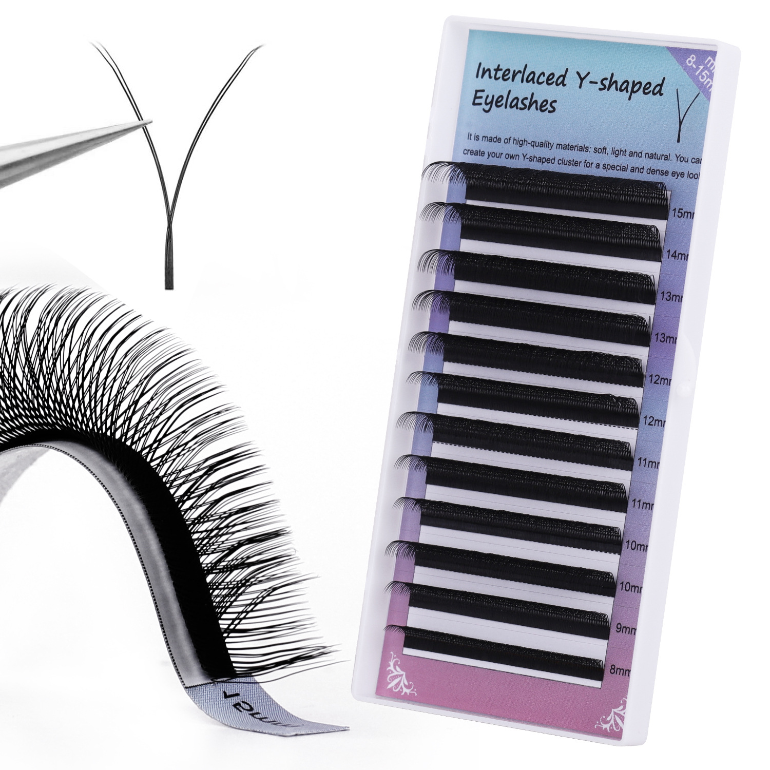 In-stock Y-shaped D-curved eyelash extensions without loose roots, mesh woven eyelash extensions, double tips, yy0.07 eyelashes Item Picture