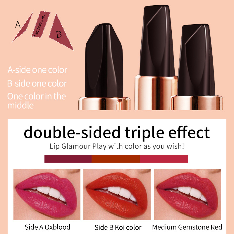 VIBELY's best-selling three-color lipstick for foreign trade is a long-lasting three-color lipstick that is not prone to smudging or color change Specification drawing