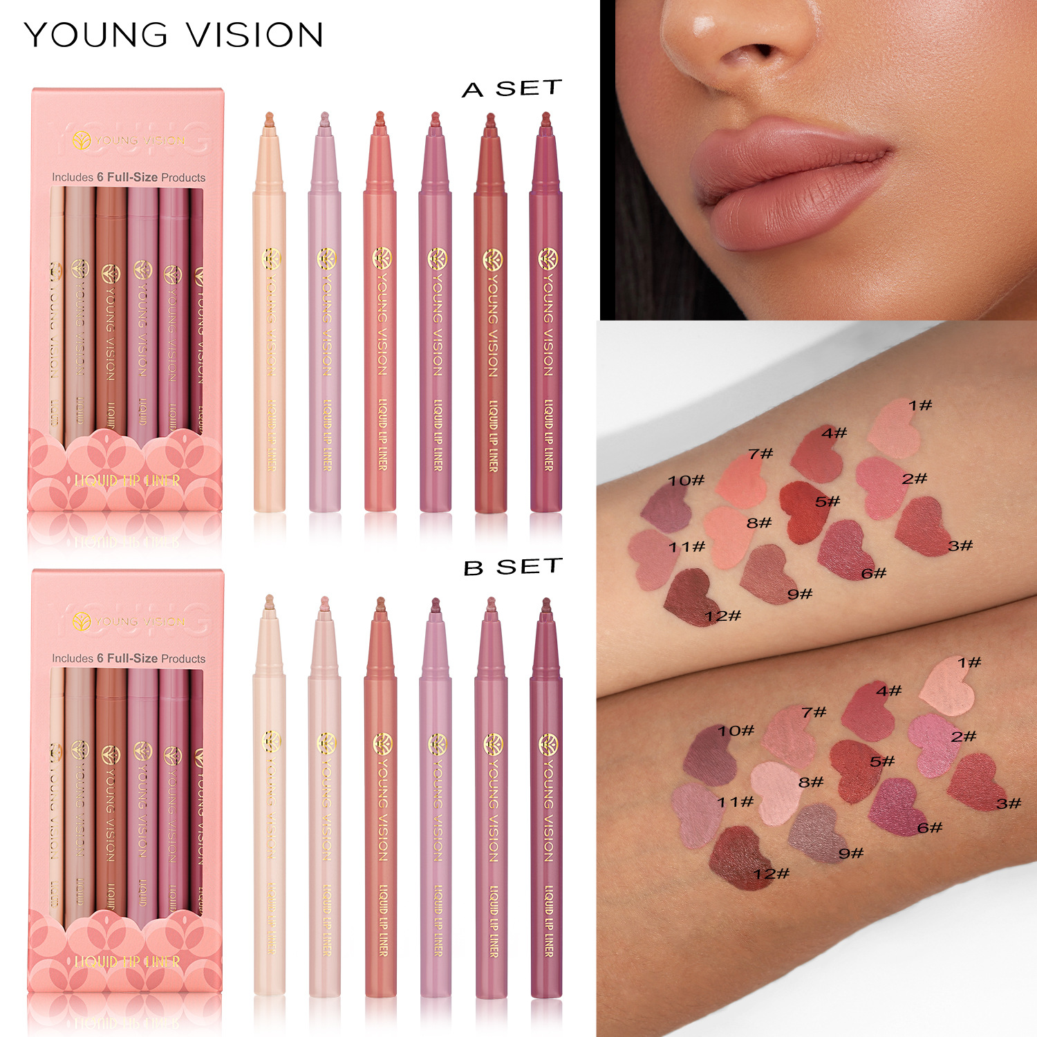 YOUNG VISION Matte 6-color liquid Lip Liner Pen Set Sponge Gourd Head Matte Nude Lipstick Pen full figure