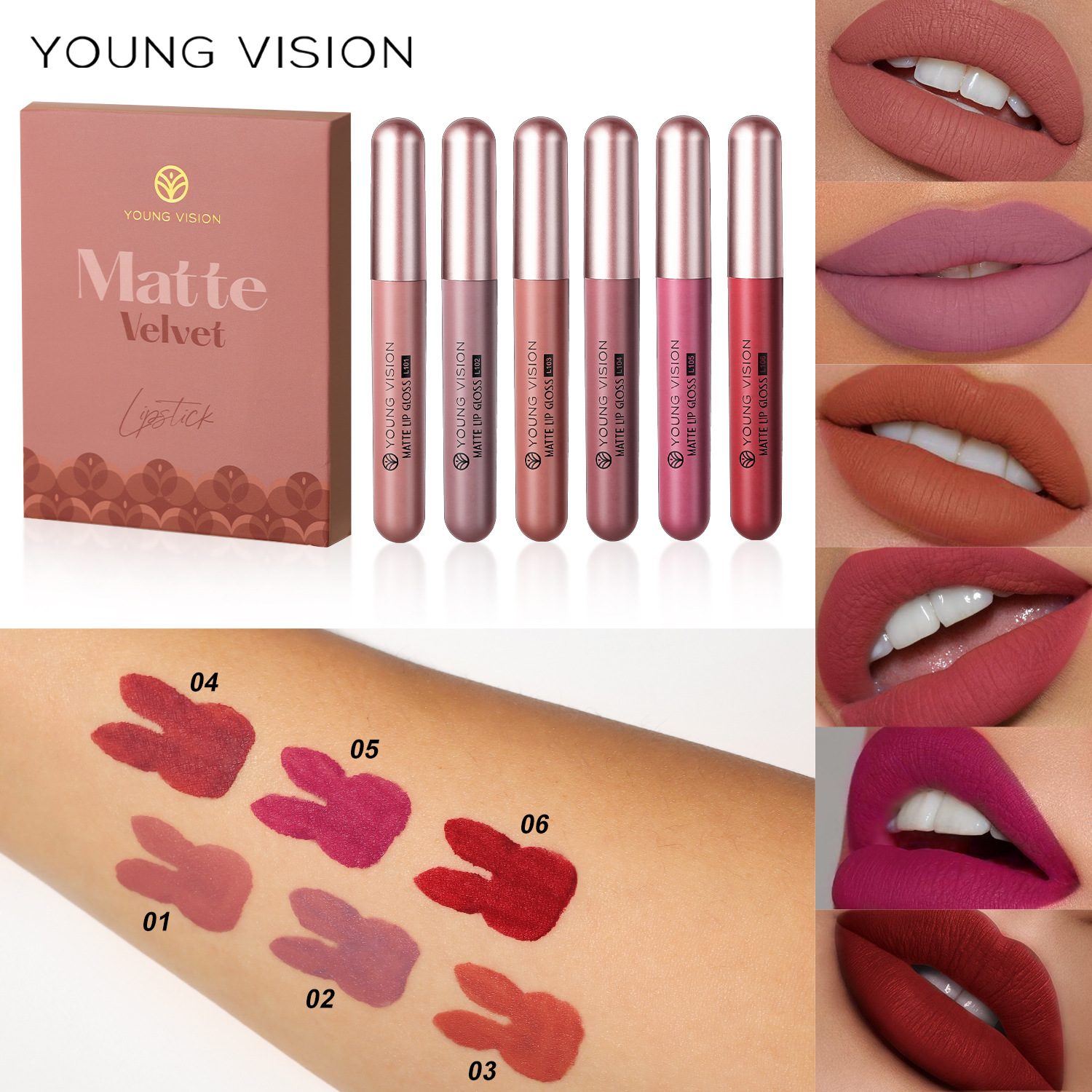 YOUNG VISION Matte Lip Gloss Set, 6-piece Lip gloss Set, Velvet Lipstick Cross-border Makeup full figure