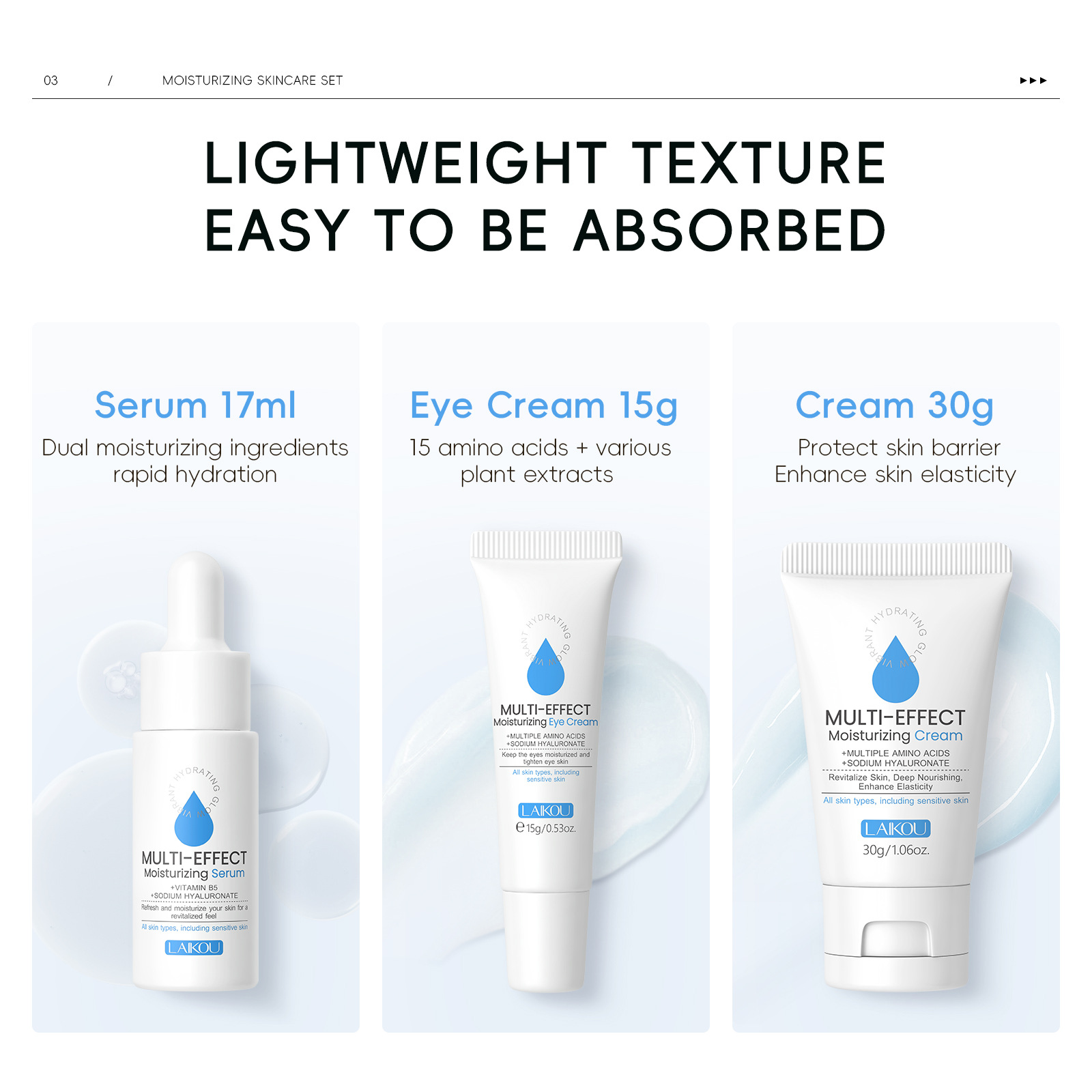 The new cross-border product Laikou three-piece set (essence + eye cream + face cream) moisturizing skin care products are in stock from the manufacturer details Picture