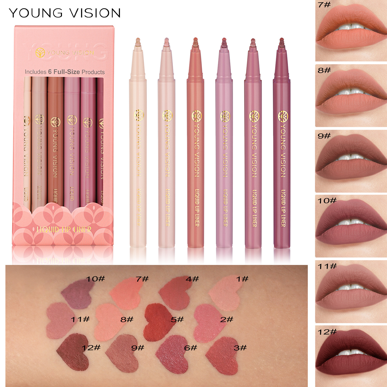 YOUNG VISION Matte 6-color liquid Lip Liner Pen Set Sponge Gourd Head Matte Nude Lipstick Pen Specification drawing