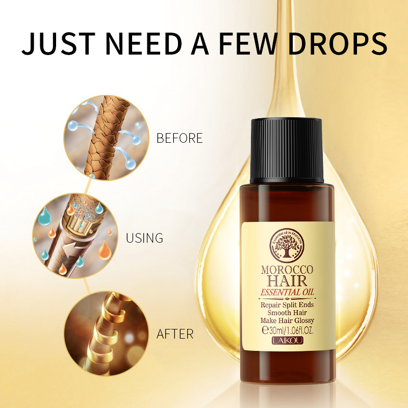 laikou 30ml Hair Care Essential Oil for improving frizz, fragility and split ends, available for wholesale from the manufacturer full figure