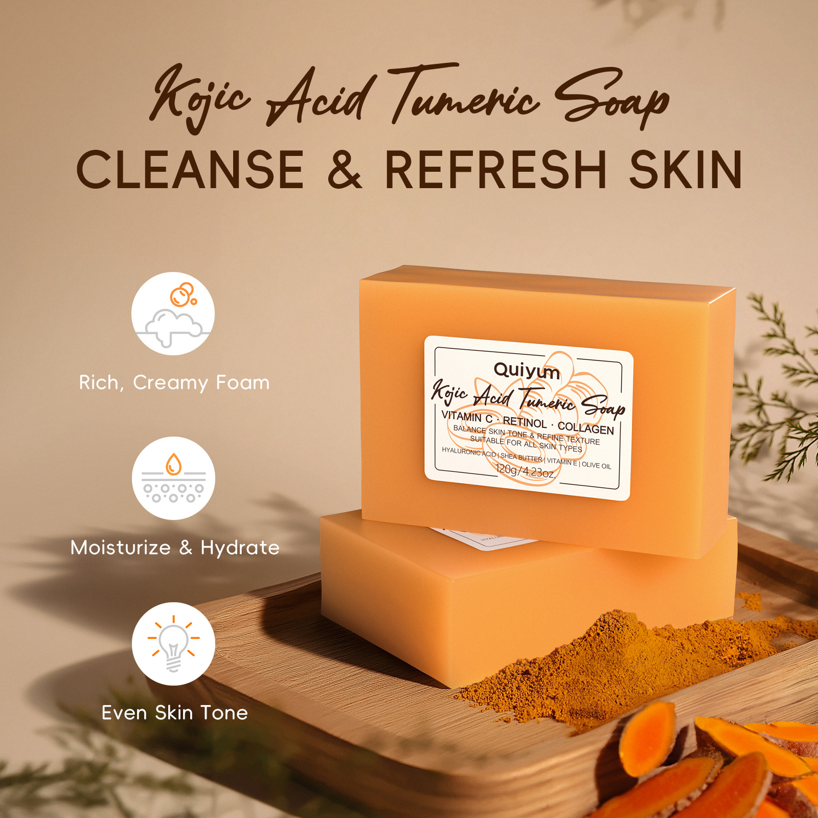 Cross-border full English version QUIYUM Curcumic acid Cleaning Handmade Soap 120g Soap Essential oil soap manufacturer wholesale details Picture