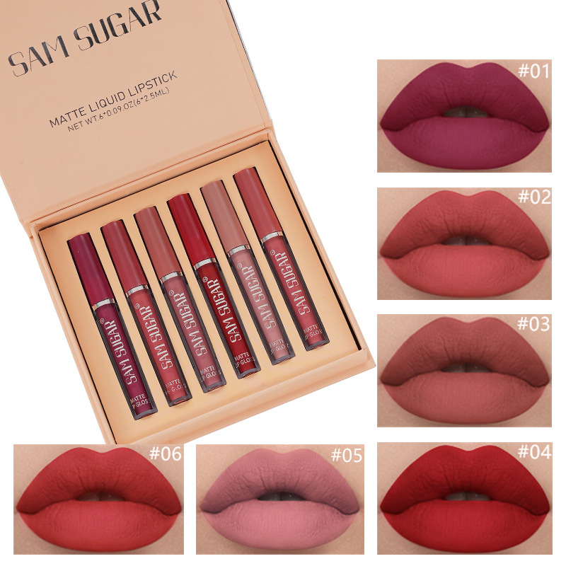 SAM SUGAR Matte matte 6-Lip Gloss Beauty Set: Lips won't stick to cup rim Red full figure