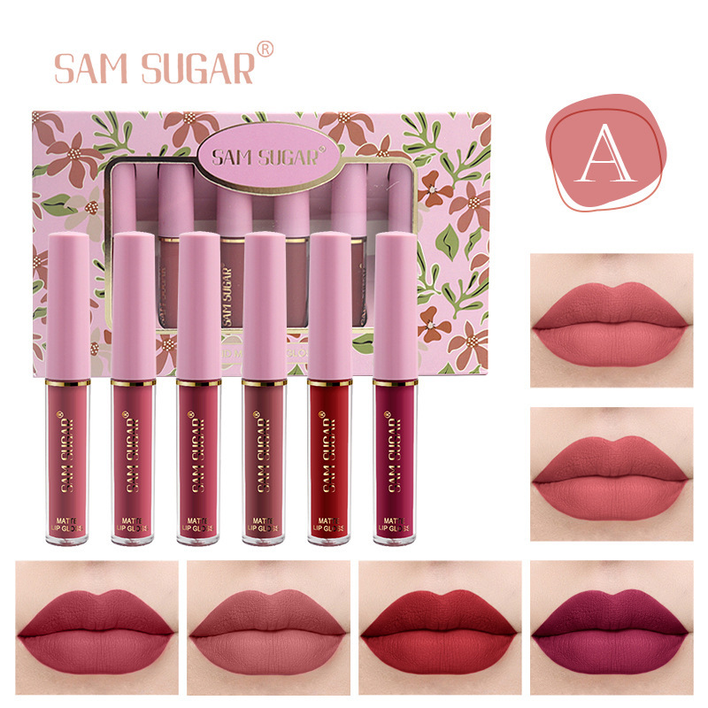 SAM SUGAR 6-color Lip Gloss Gift Box Set Matte non-stick cup Matte Velvet Easy to apply Lipstick Lip gloss full figure