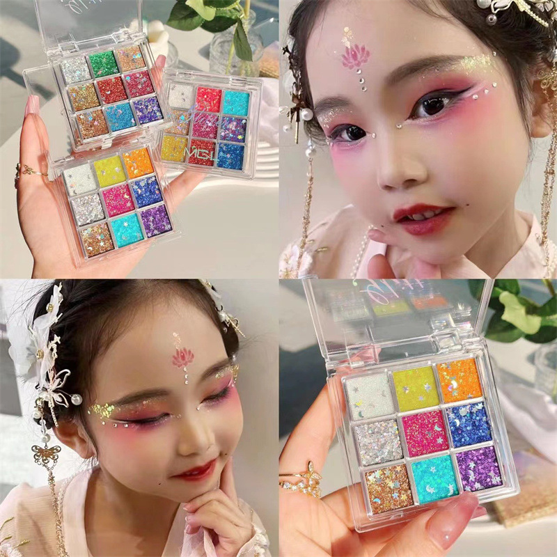 MGL Colored Sequined Nine-color Eyeshadow, glue-free gel, Shiny and sparkling, specially designed for children's Day performance stage makeup details Picture