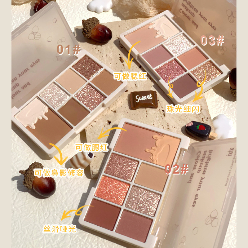 xixi Chestnut 7-color Eyeshadow Palette, Oatmeal Milk tea, nude Chestnut Milk Coffee, Earth Tone Eyeshadow, pearlescent and matte, versatile Specification drawing