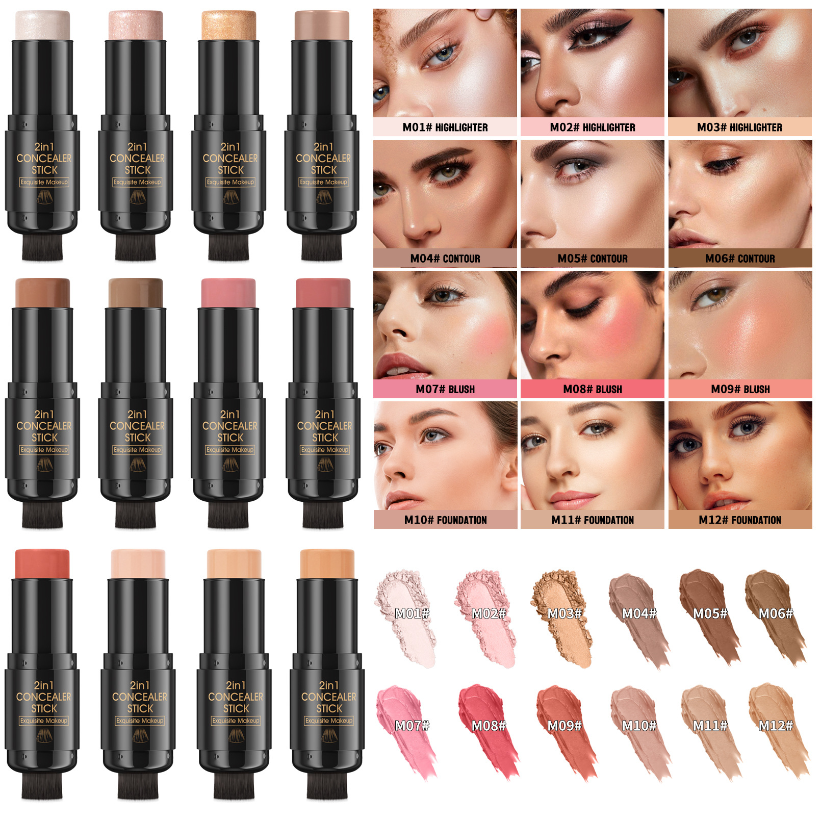 HelloKiss Highlighter Blush with Brush, Double-headed Contouring Stick, Three-dimensional contour Shaping, Concealer Foundation Stick, Cross-border Color details Picture