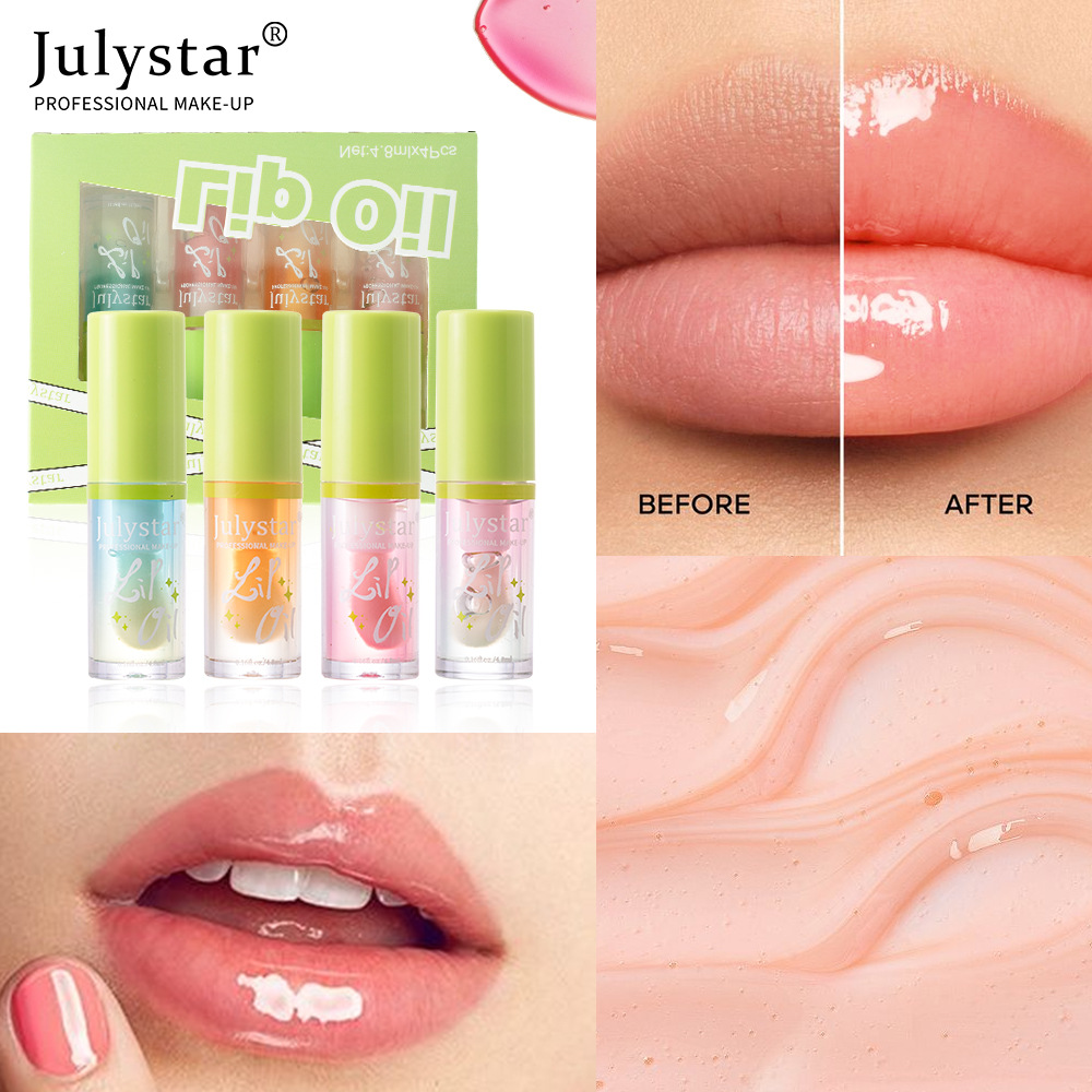 Julystar Hydrating Head Brush Lip Gloss Mirror Moisturizing Hami Melon Lip Oil 4-bottle Set Wholesale Makeup details Picture