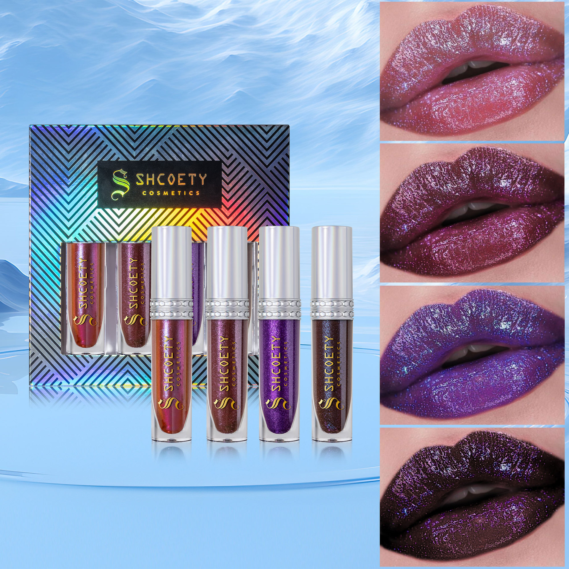 Shcoety 4-piece polarized Lip Gloss Set: Sparkling, long-lasting, easy to color, dazzling lip gloss, fine pearl glow, moisturizing lips full figure