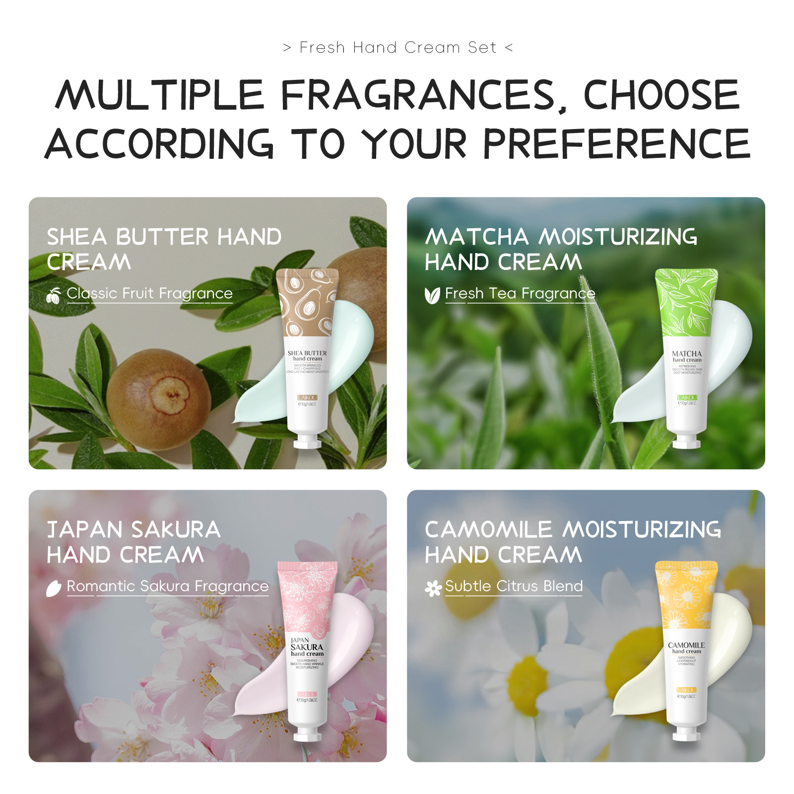 Cross-border Laicome Fresh Hand Cream Set 30g*4 Hydrating, Moisturizing and Nourishing skin care products in stock for wholesale Specification drawing