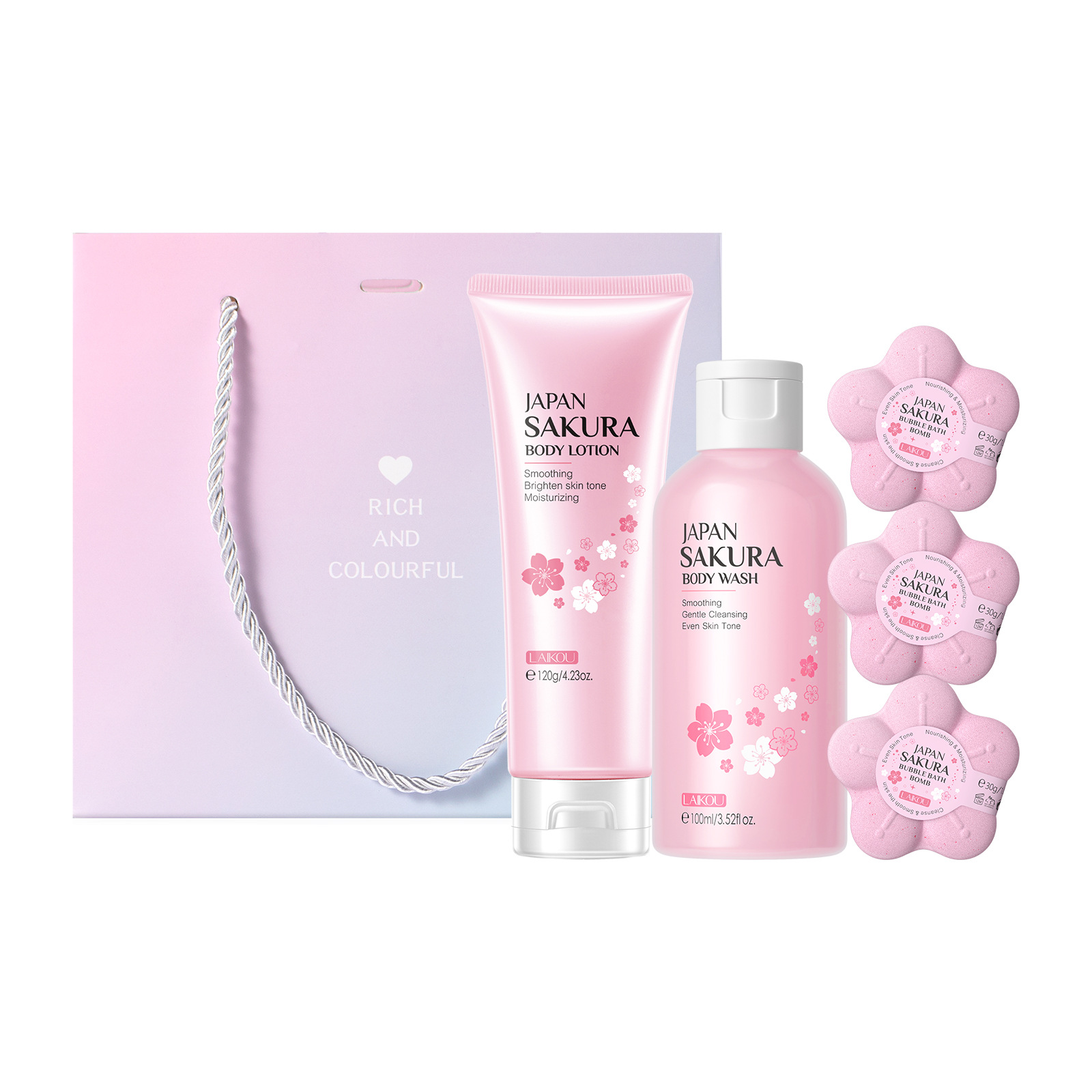 LAIKOU Cherry Blossom Bath 3-piece Set, Moisturizing, Hydrating and Nourishing Lotion, Cross-border English supply full figure