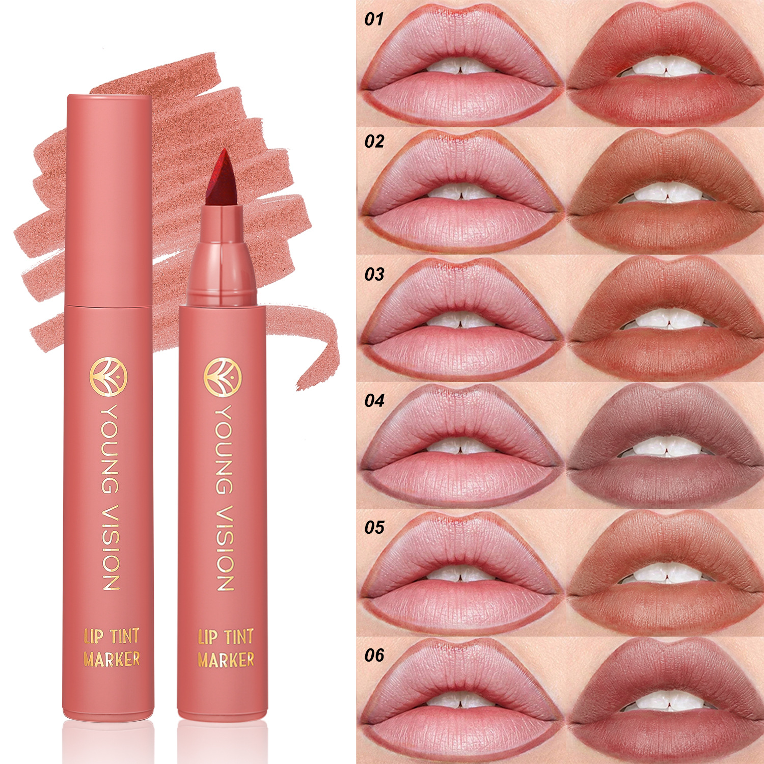 YOUNG VISION lip dye pen available in 6 colors: lipstick, water, lip liner pen, matte finish, not easy to stick to the cup, lip dye full figure