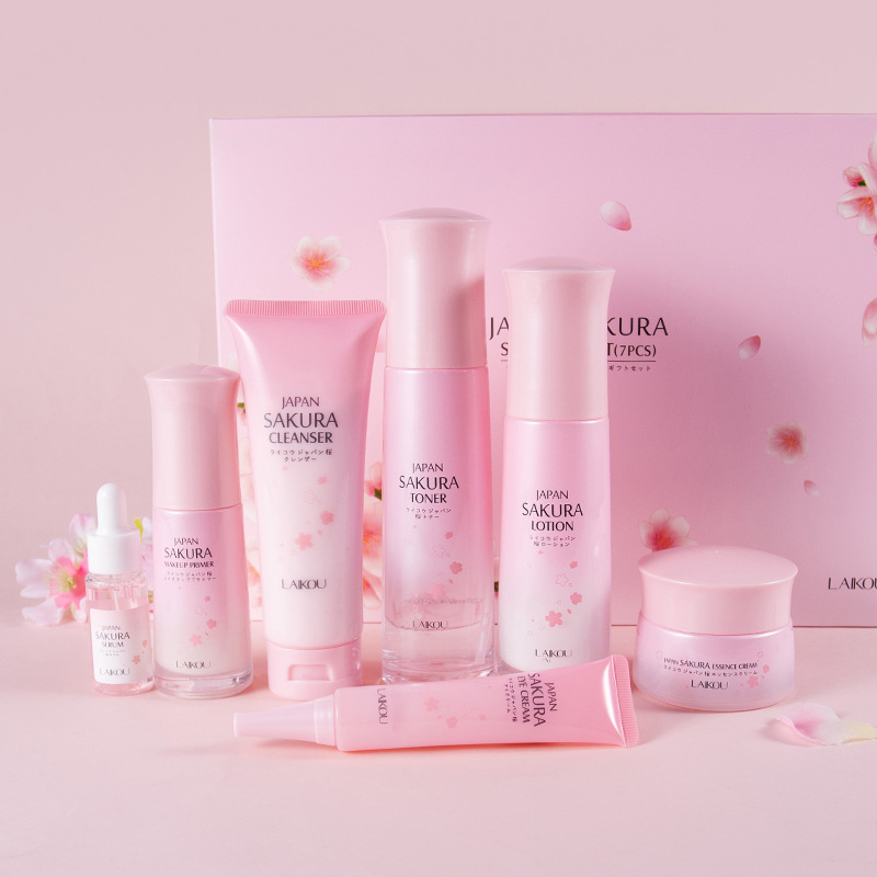 Cross-border LAIKOU Cherry Blossom Luxury Skin Care Gift Box 7-piece skin care set Moisturizing and hydrating, available for wholesale from the manufacturer full figure