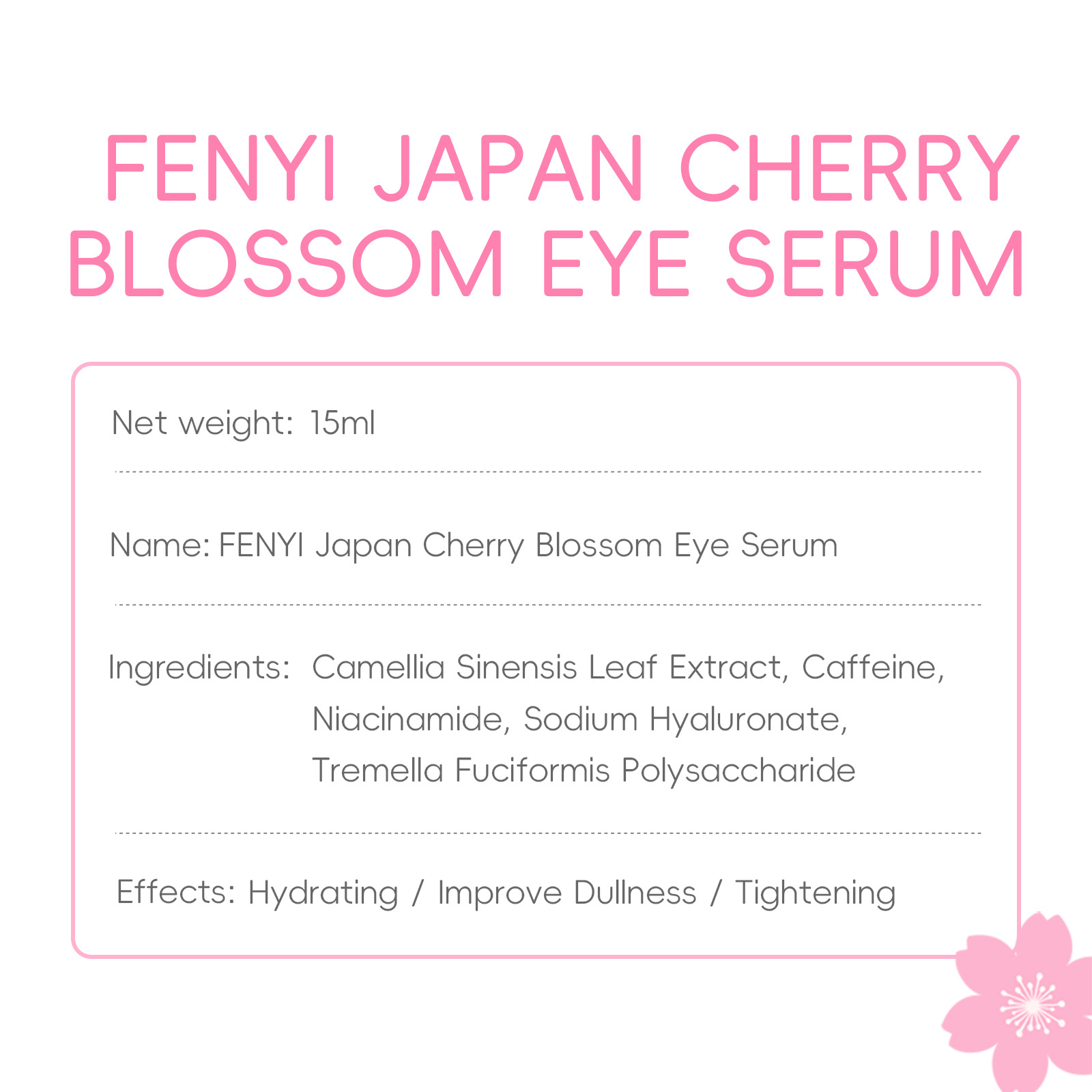 Cross-border Fenyi Cherry Blossom Eye Serum 15ml Hydrates, moisturizes and cares for the skin around the eyes. Manufacturer's supply details Picture