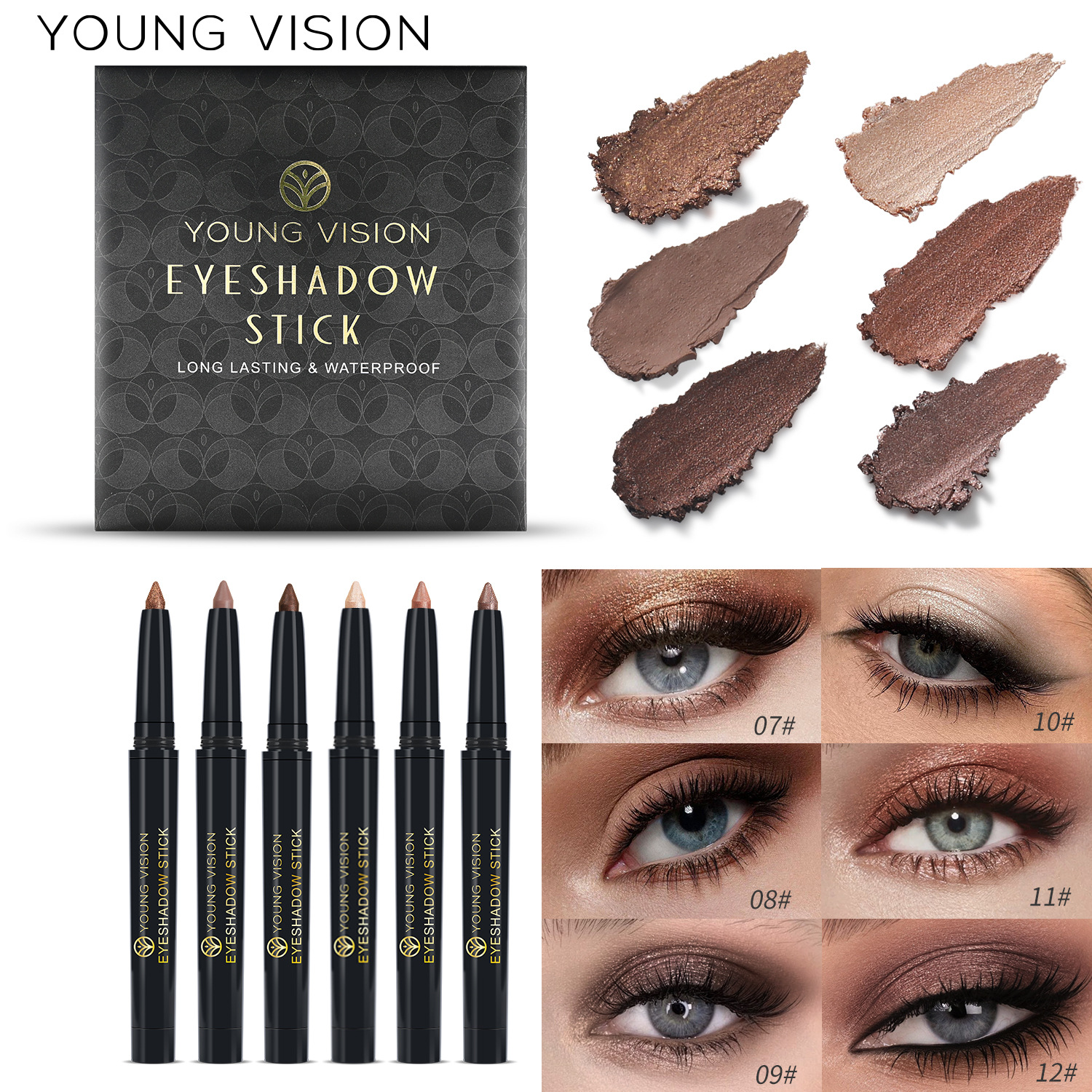 YOUNG VISION 6-color Eyeshadow Pen set: Pearlescent Rotating Eyeshadow stick for easy coloring, brightening and contouring Specification drawing