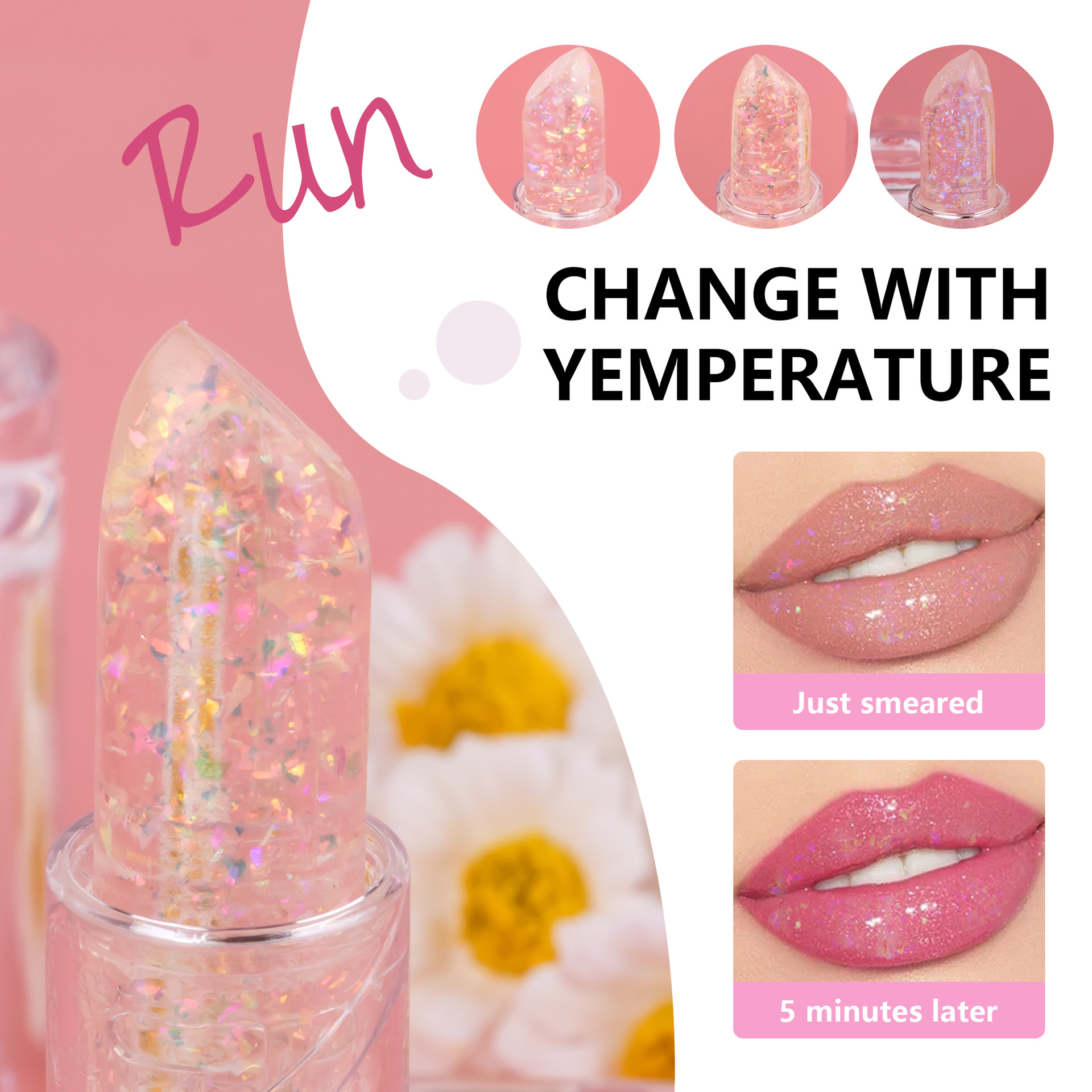 SHCOETY Cross-border 3-color temperature-changing lipstick Flash anti-cracking long-lasting Moisturizing Lip Oil Hydrating Jelly Lipstick Makeup Specification drawing
