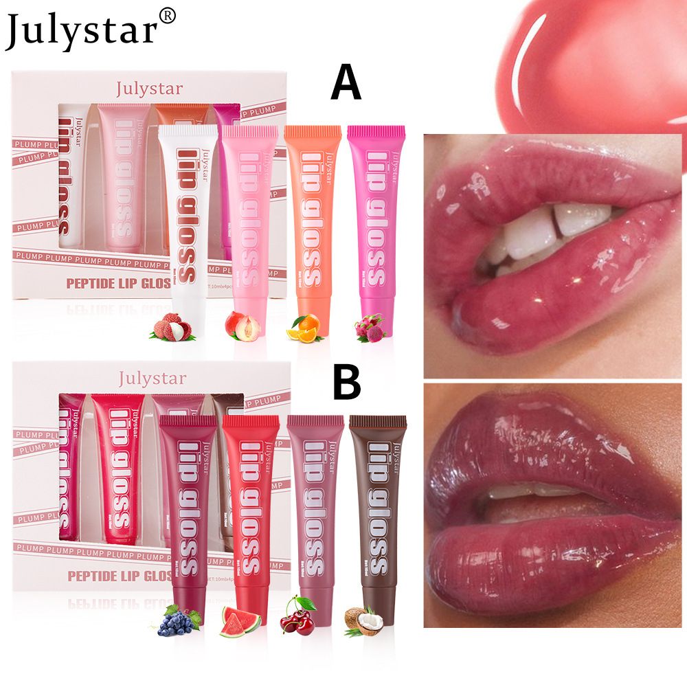 Julystar's best-selling Lip Moisturizing Fruit-flavored Lip Gloss 4-tube Set, Lip Gloss Moisturizing and Hydrating Lip Oil Makeup full figure