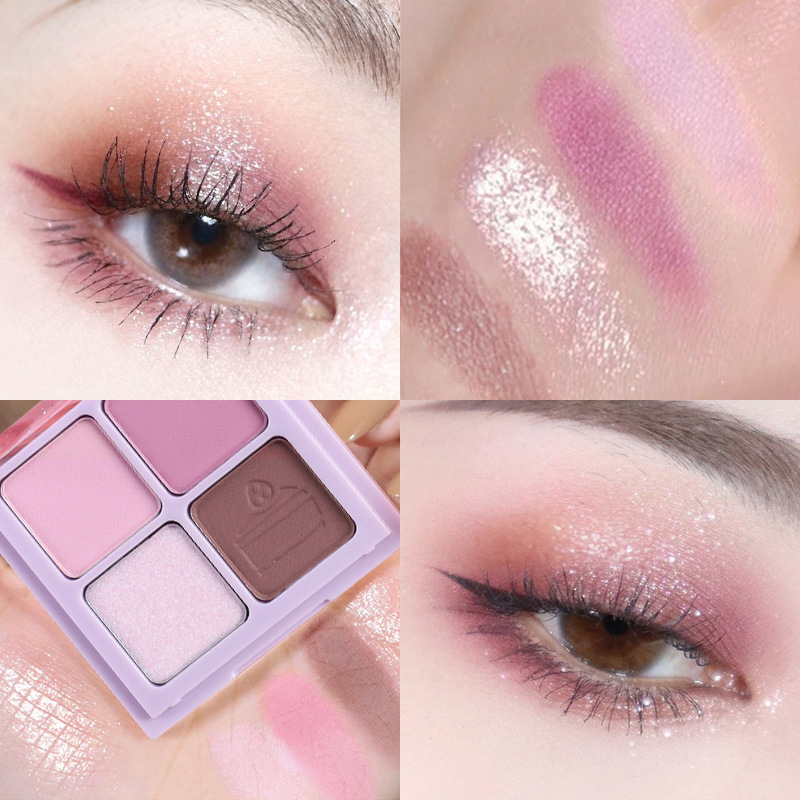 VIBELY Four-grid matte and glossy ground color eyeshadow palette, suitable for high-gloss, fine-textured daily pearlescent eyeshadow for lazy people details Picture