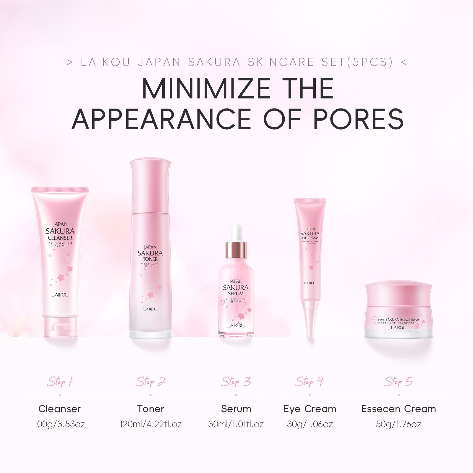 Cross-border LAIKOU Sakura Skincare Gift Box Moisturizing and Hydrating 5-piece Set with glass panel Part in stock Application Scenario