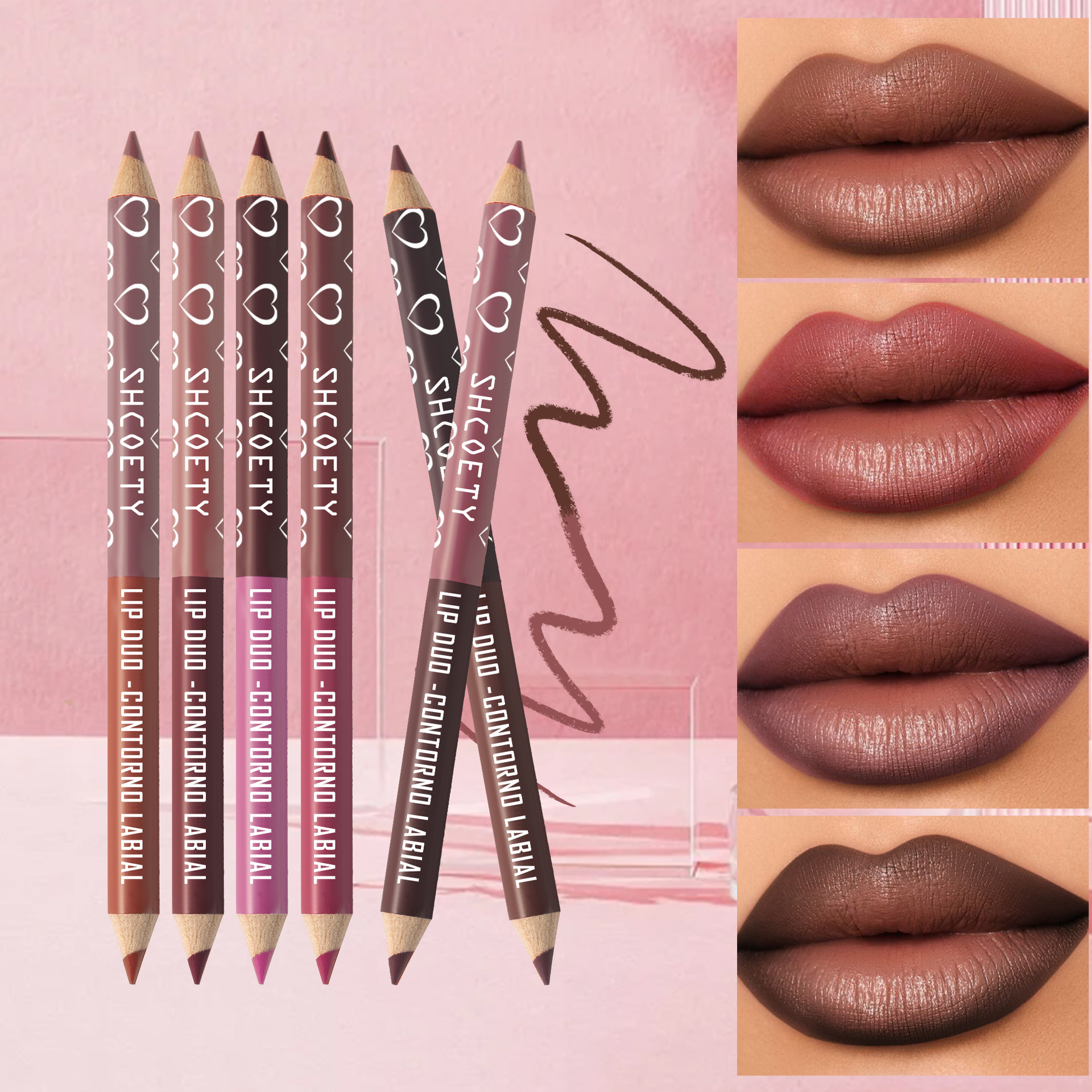 SHCOETY Cross-border Double-headed dual-color wooden lip liner Pen 6-piece set Matte, long-lasting, easy to color, non-stick cup outlining pen full figure