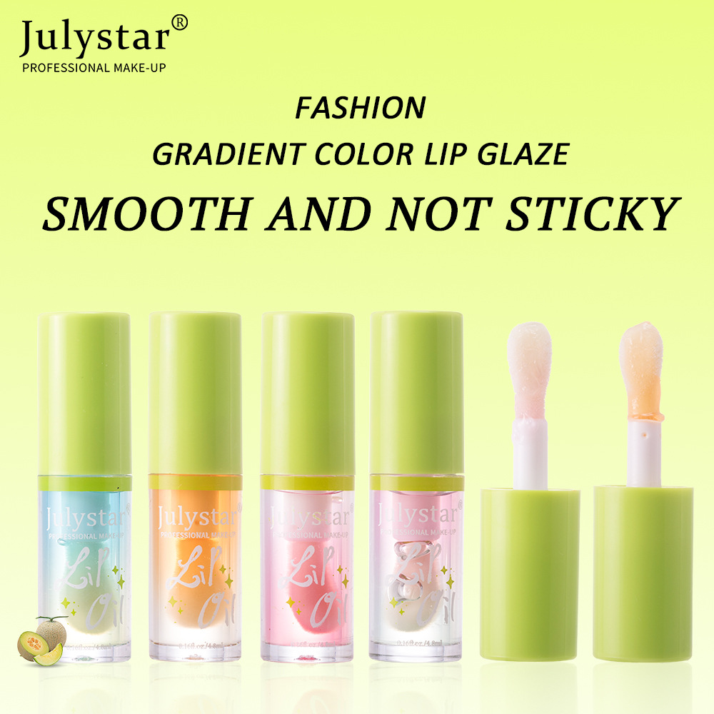 Julystar Hydrating Head Brush Lip Gloss Mirror Moisturizing Hami Melon Lip Oil 4-bottle Set Wholesale Makeup Application Scenario