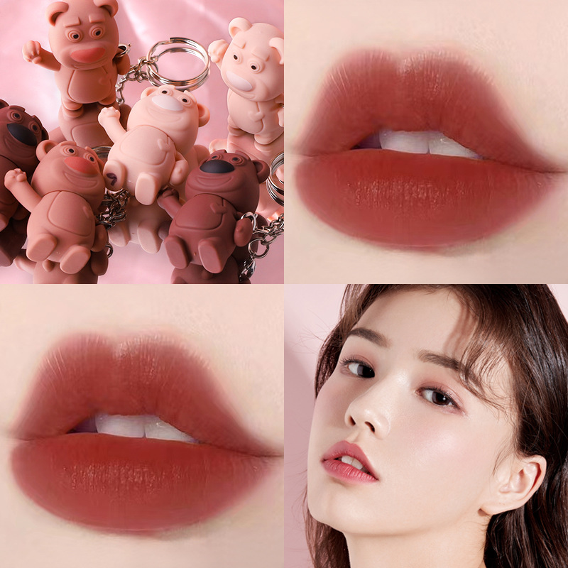 PCU Cute bear keychain matte lip gloss waterproof non-stick cup Teenage Girl Waving Bear Mouth red Lip mud details Picture