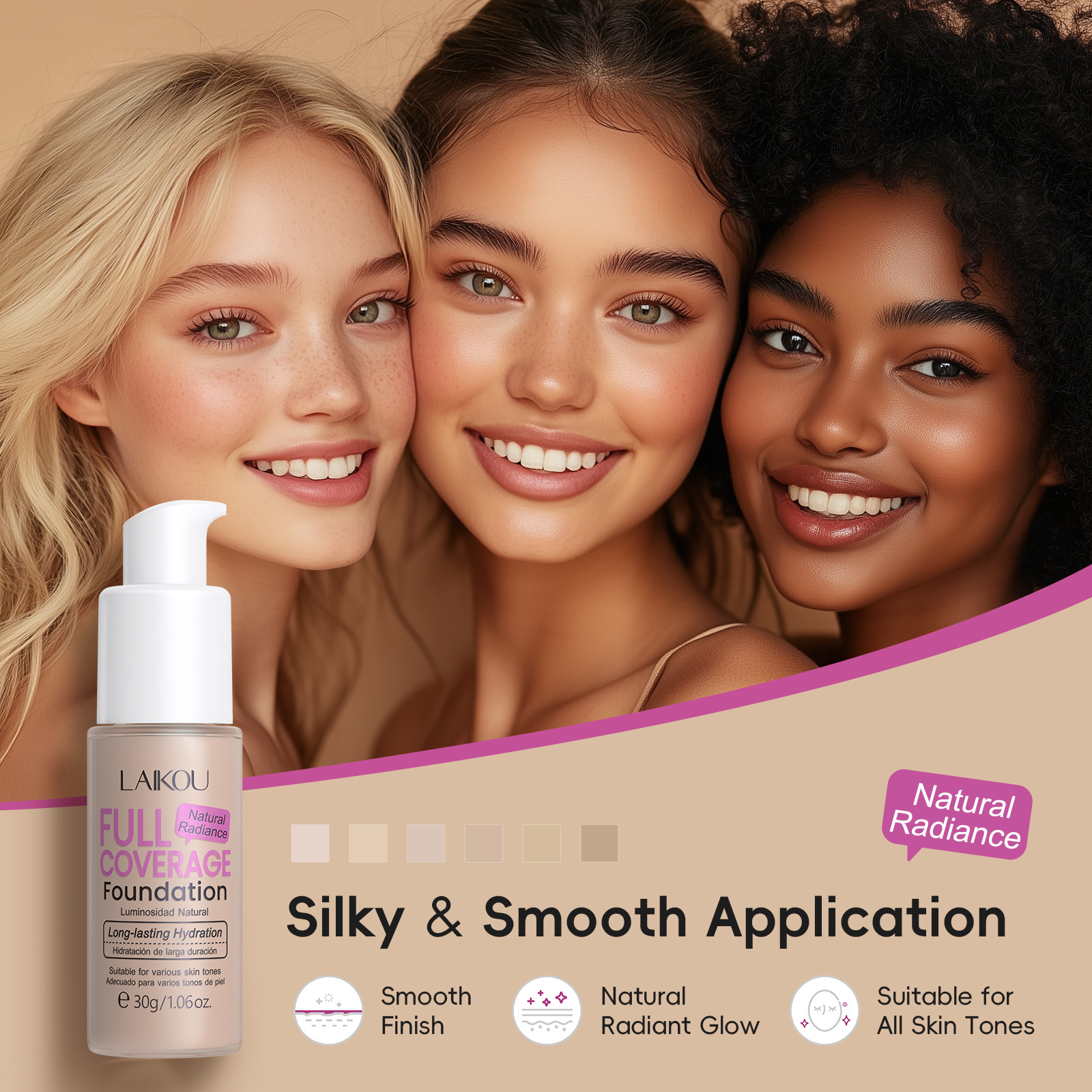 Cross-border LAIKOU Full-coverage Moisturizing Foundation 30g Brightening and Makeup Not easily smudge, export concealer and waterproof English details Picture