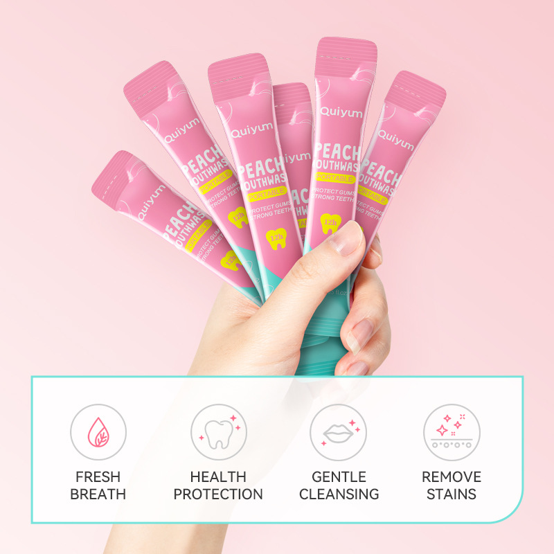 Cross-border QUIYUM Peach Mouthwash 10ml for cleaning the mouth and freshening breath, available for wholesale from the manufacturer Application Scenario